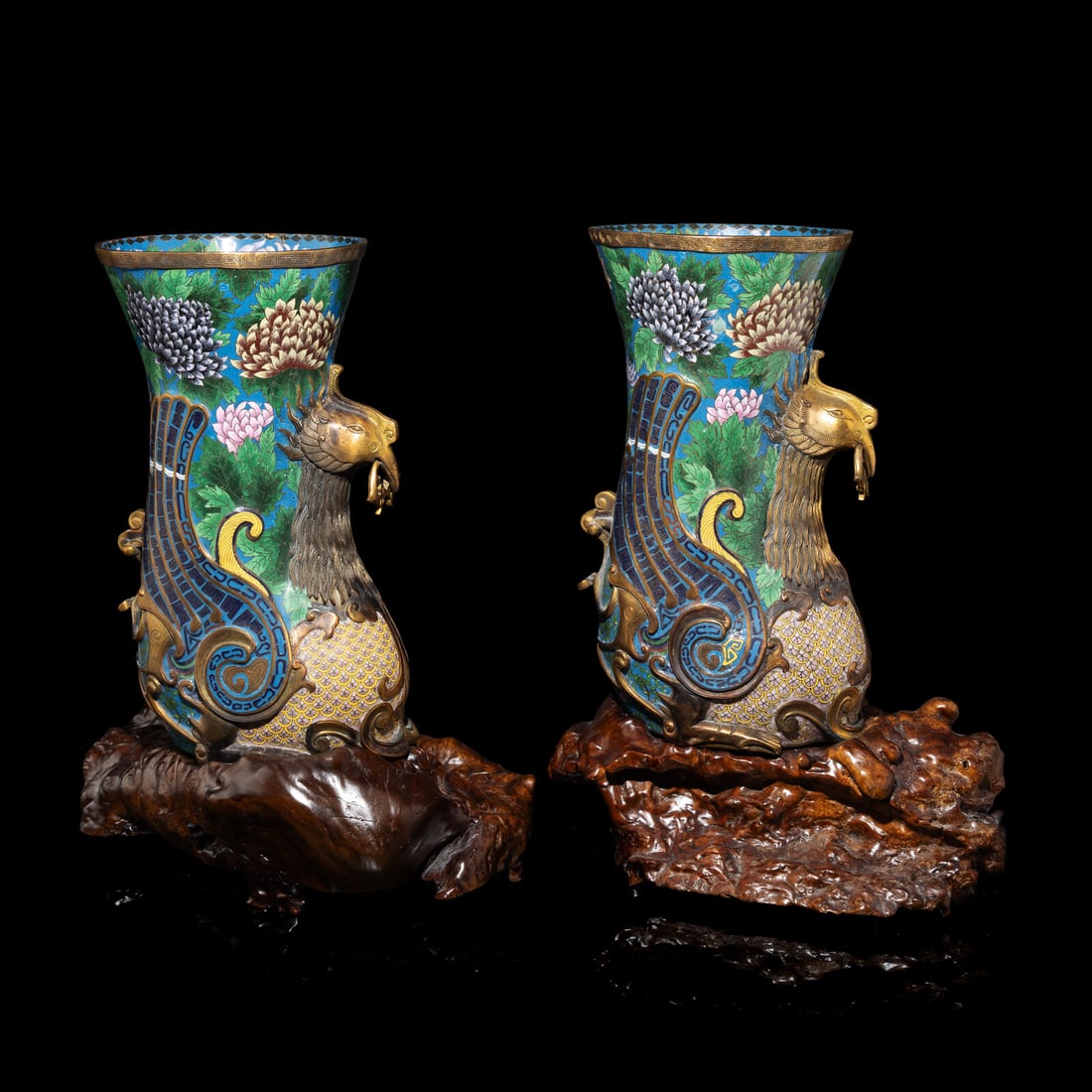 A Pair of Chinese Cloisonné Enamel Phoenix Vases, 20th Century: A Pair of Chinese Cloisonné Enamel Phoenix Vases, 20th Century 近代 掐絲琺琅鳳尾觥一對 Height 23 in., 58.4 cm. Property from the 