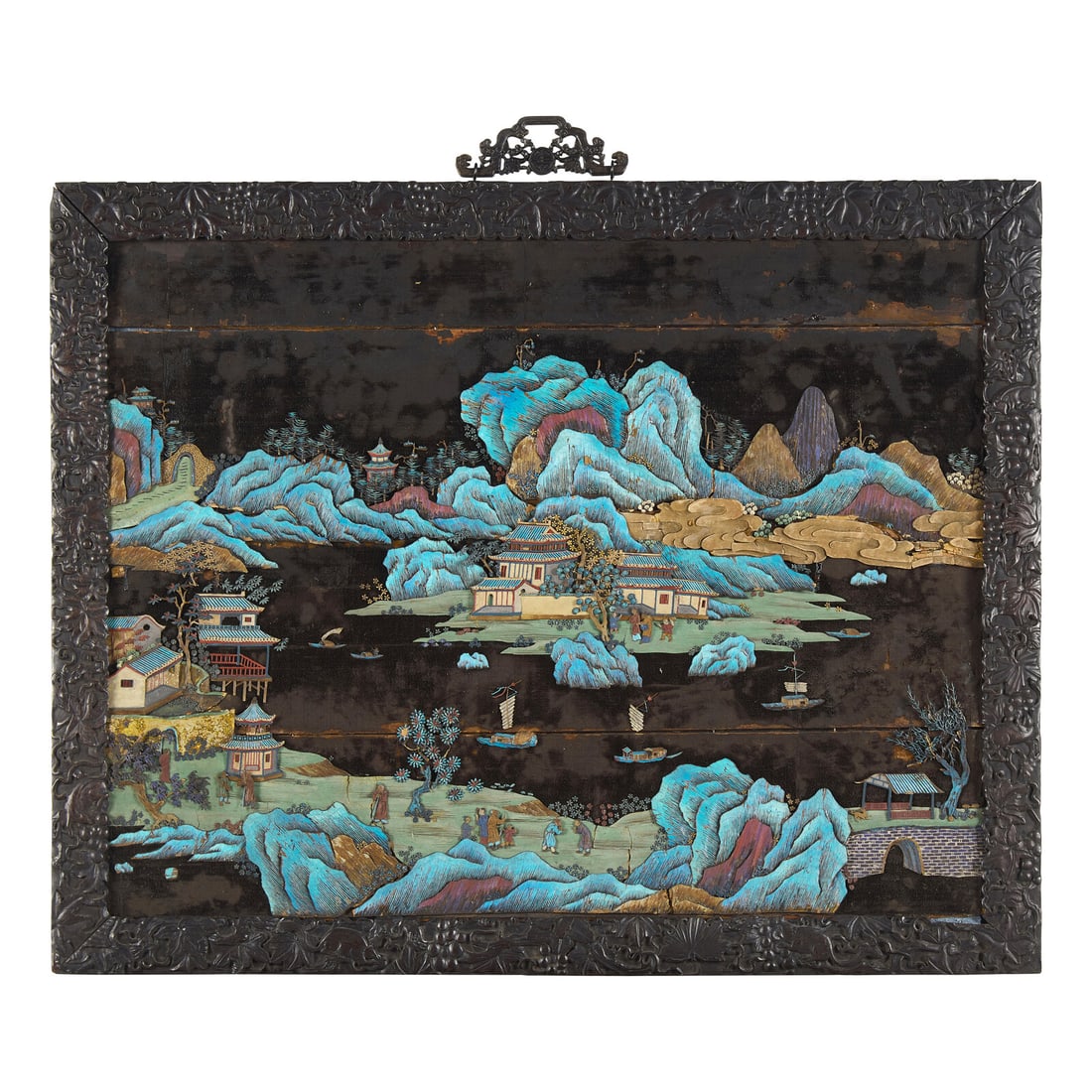 A Chinese Kingfisher Feather Embellished and Zitan Veneer 'Landscape' Wall Panel, 19th Century (1 of 5)