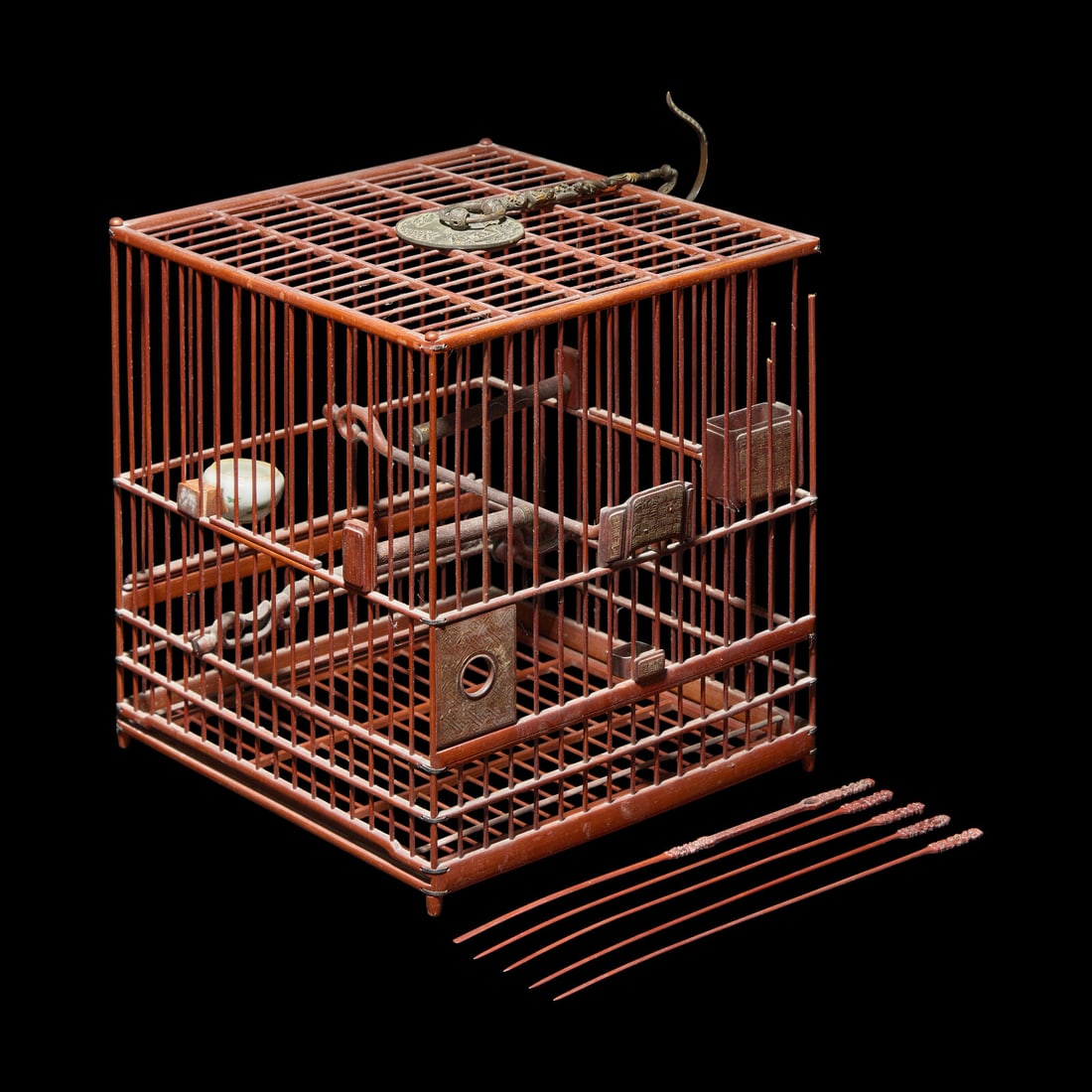 A Finely Made Chinese Bamboo Bird Cage with Bronze and Inlaid Fittings (1 of 4)