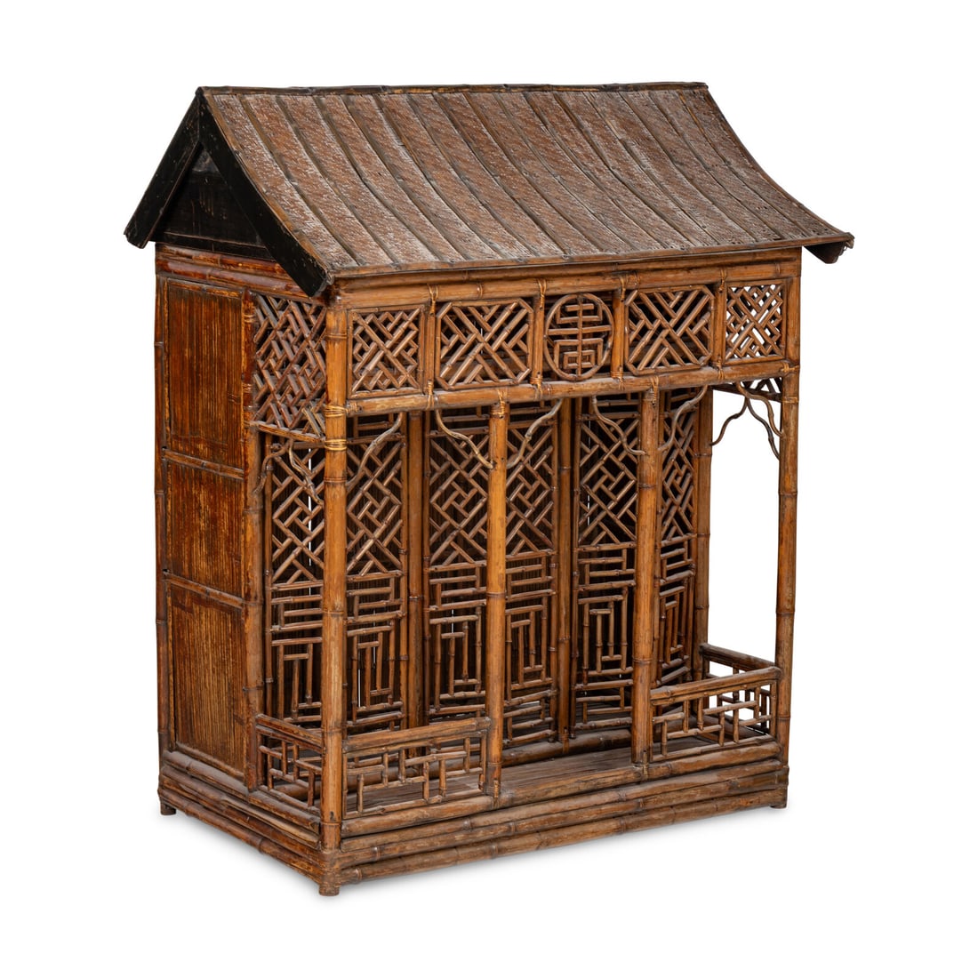 A Large Chinese Spotted Bamboo Shrine, 20th Century: A Large Chinese Spotted Bamboo Shrine, 20th Century 近代 斑竹仿廳堂式大佛龕 The roof is removable. Total height 50 x width 41 1/2 x de