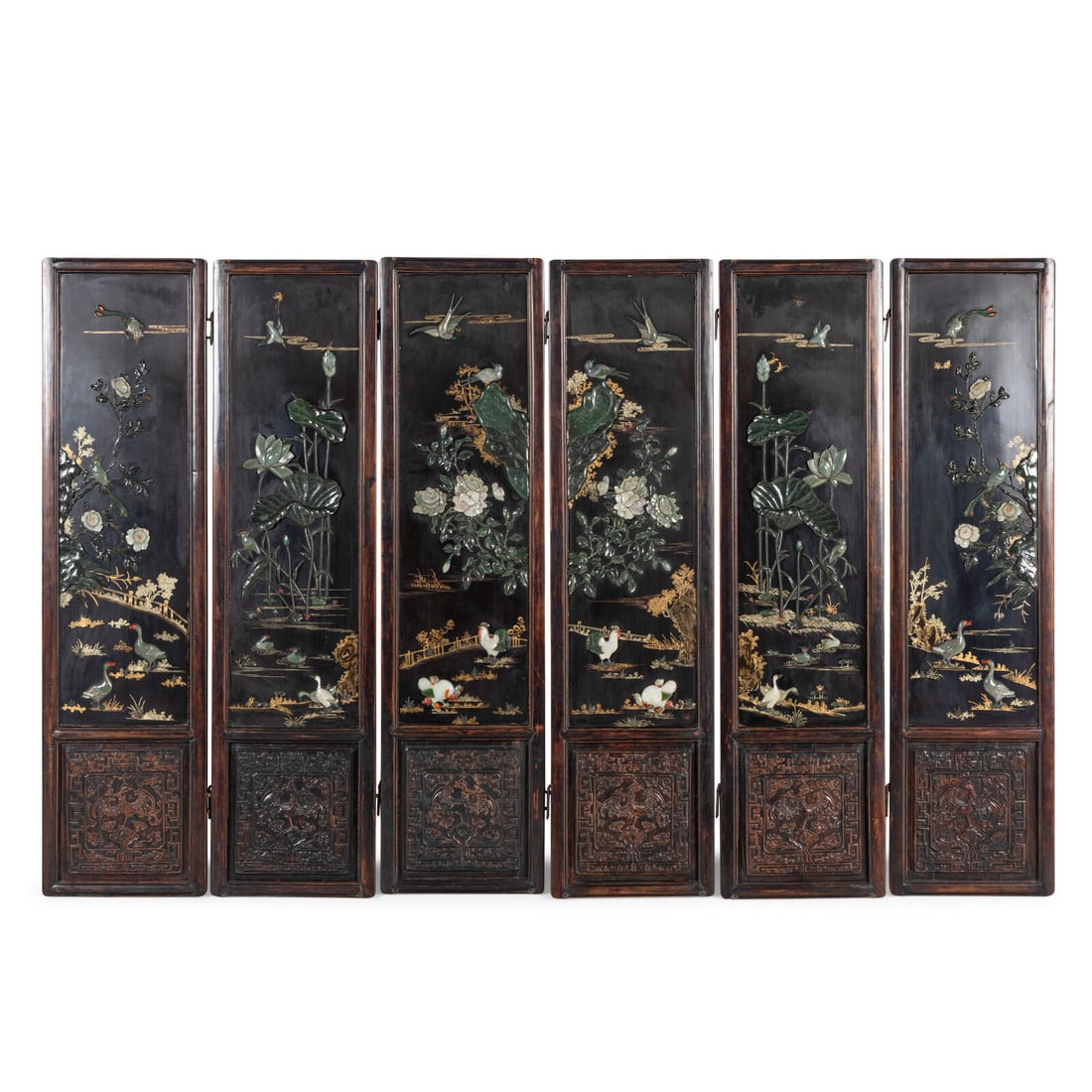 A Chinese Hardstone Mounted Six-Panel Floor Screen, 20th Century: A Chinese Hardstone Mounted Six-Panel Floor Screen, 20th Century 近代 黑漆地硬木嵌寳六扇屏 Each panel 59 3/4 x 19 1/2 in., 151 x