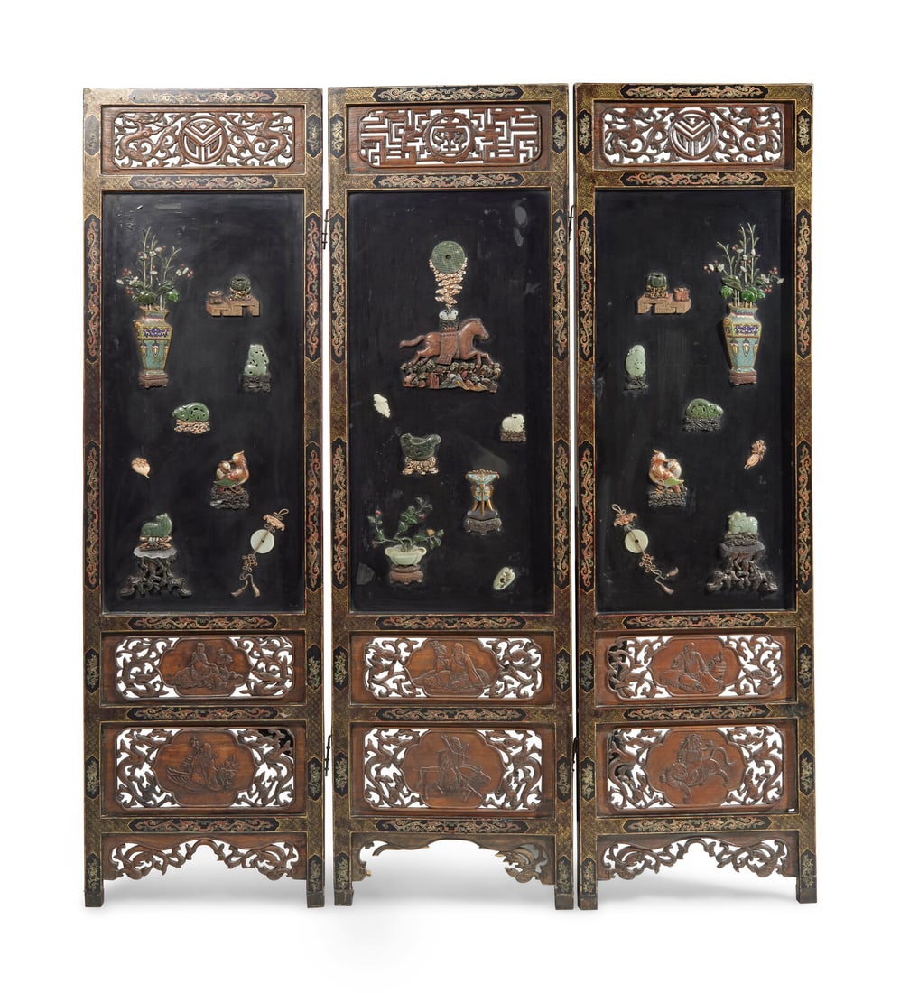 Three Chinese Jade, Hardstone, and Cloisonne-Embellished Screen Panels, 20th Century (1 of 5)