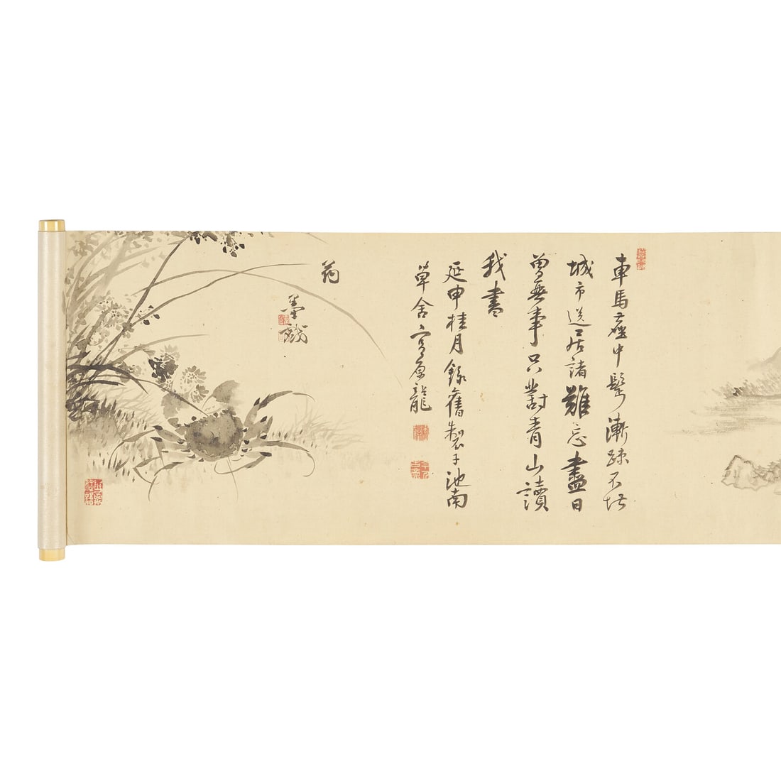 Nakabayashi Chikkei (Japanese 1816-1867) Hisani Nakanishi (1807-1884), Oda Kaisen (1785-1867), et: Nakabayashi Chikkei (Japanese 1816-1867) Hisani Nakanishi (1807-1884), Oda Kaisen (1785-1867), et al, Emaki Handscroll, Kyoto, 1857 With green silk header, contemporary wooden box. With numerous paint