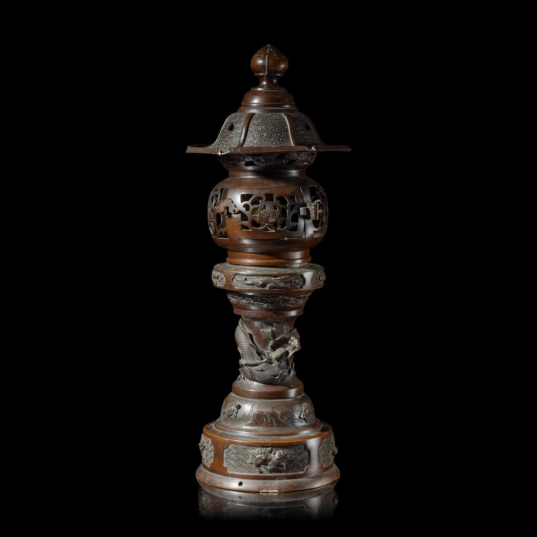 A Japanese Patinated Bronze Lantern, Late Meiji Period: A Japanese Patinated Bronze Lantern, Late Meiji Period 日本明治时代晚期 铜香炉 Height 24 13/16 in., 63 cm. This lot is located in Phil