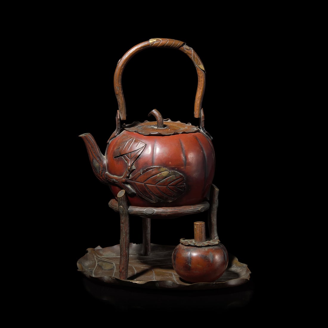 A Japanese Patinated Metal Kettle, Burner and Stand, Meiji/Taisho Period (1 of 2)