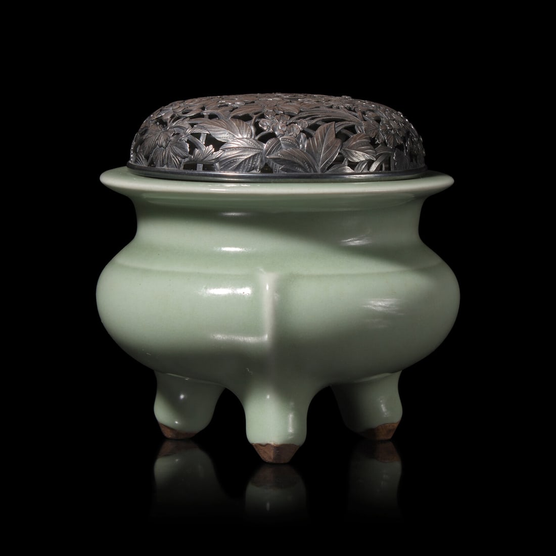 A Japanese Celadon Tripod Censer with Pierced Silver Cover, Meiji/Taisho Period (1 of 2)