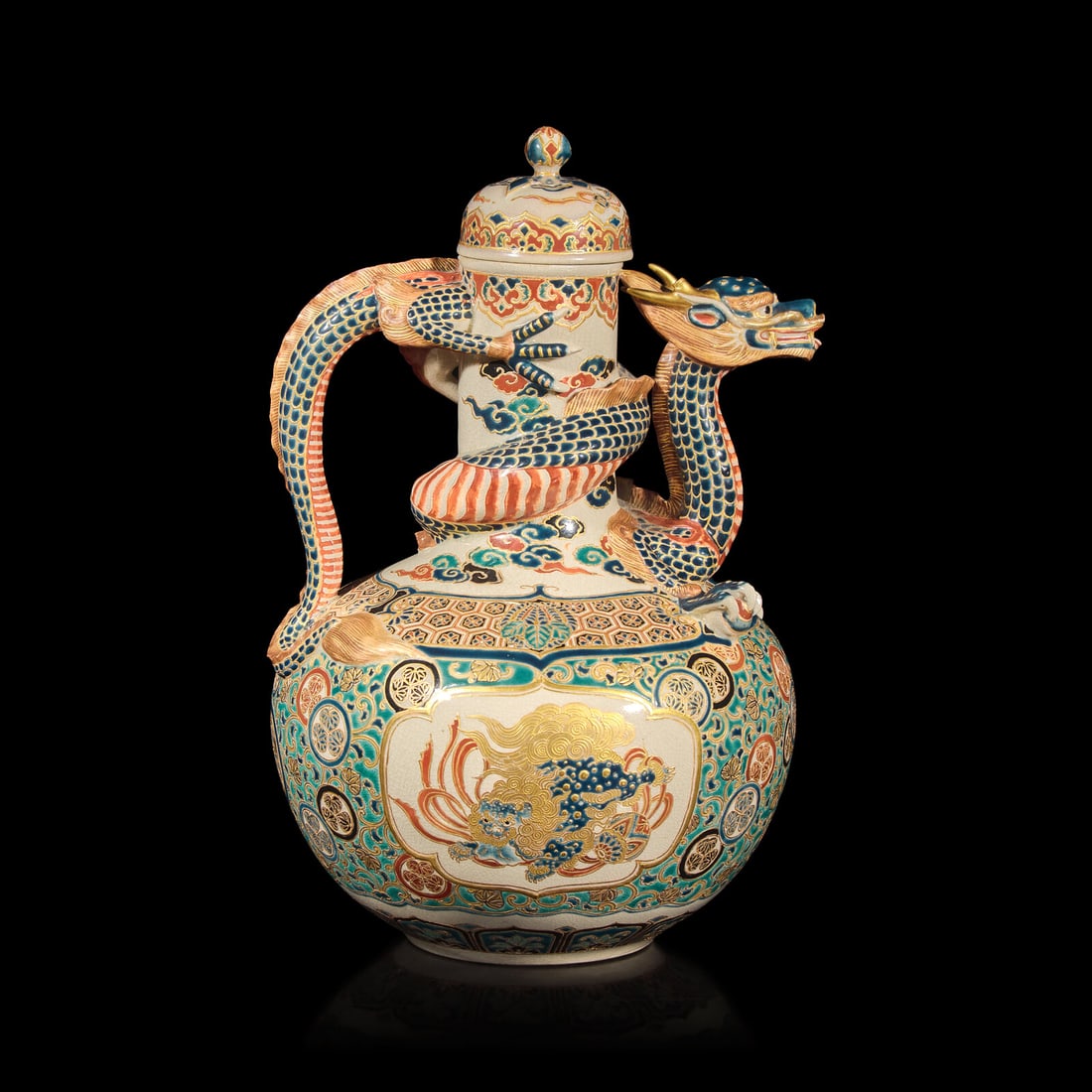 A Japanese "Gosu" Blue Decorated Satsuma-Type "Dragon" Ewer, Signed, Meiji Period (1 of 3)