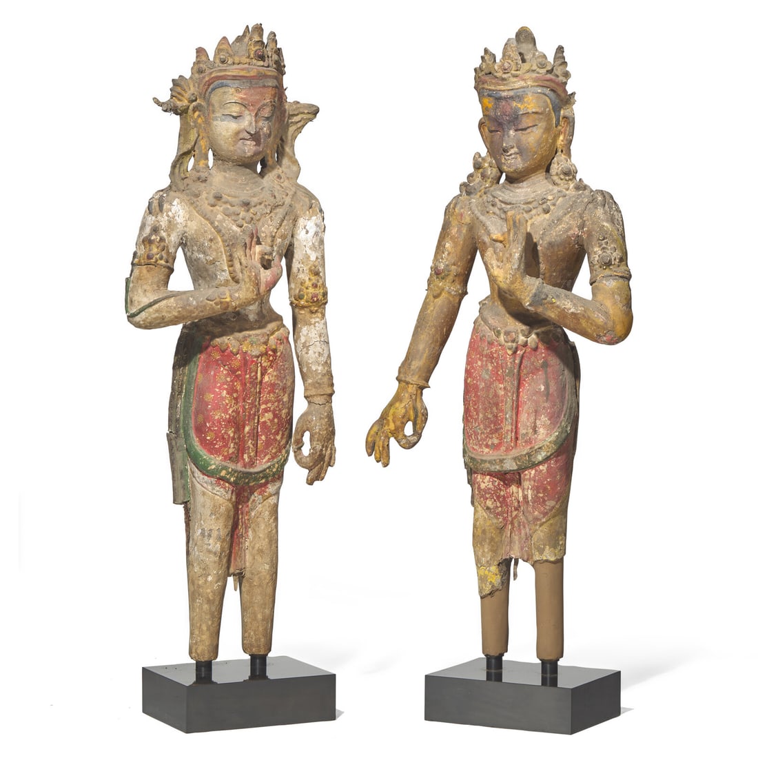 A Pair of Tibetan Painted and Parcel Gilt Wood Figures of Bodhisattvas, 19th Century (1 of 3)