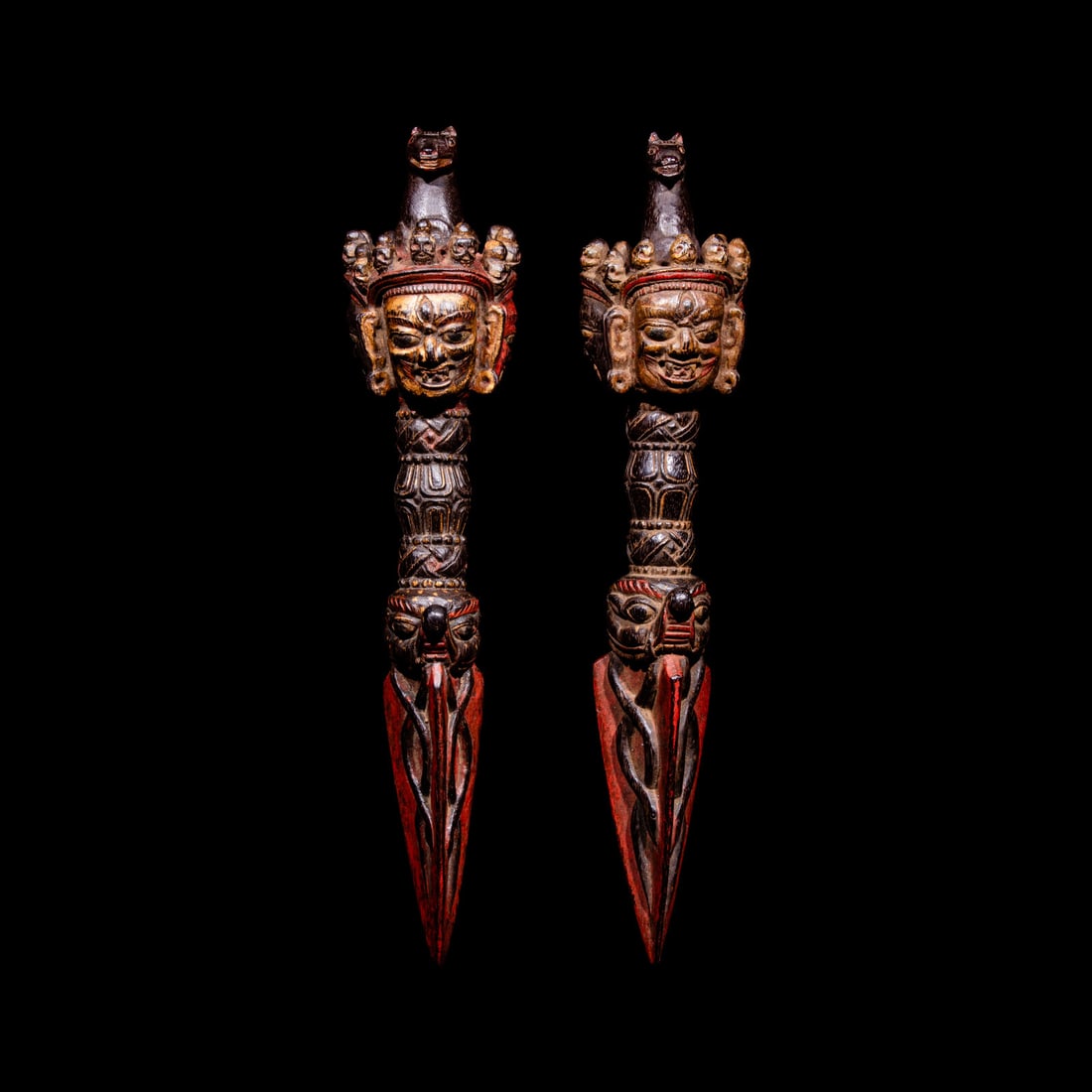 A Pair of Sino-Tibetan Gilt and Red Decorated Zitan Wood Vajries, Possibly Zitan, 18th-19th Century (1 of 3)