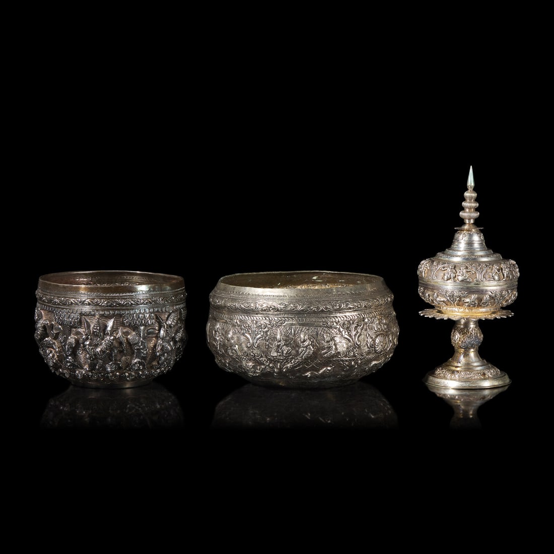 A Burmese Silver Bowl, a Silver Covered Vessel, and a Metal Bowl, Late 19th to 20th Century (1 of 4)