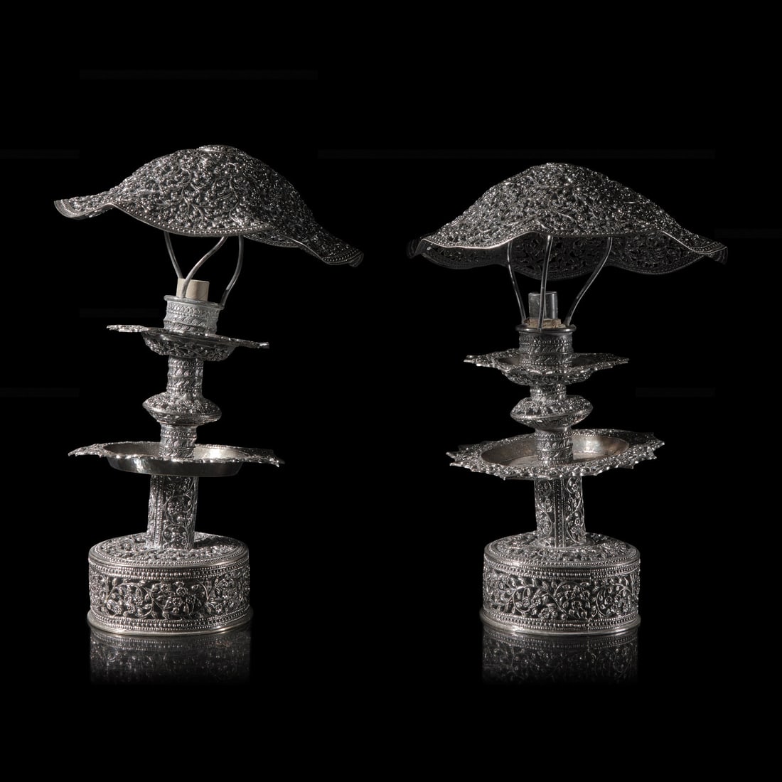 A Pair of Southeast Asian Reticulated Silver Lamps and Shades, 20th Century (1 of 3)