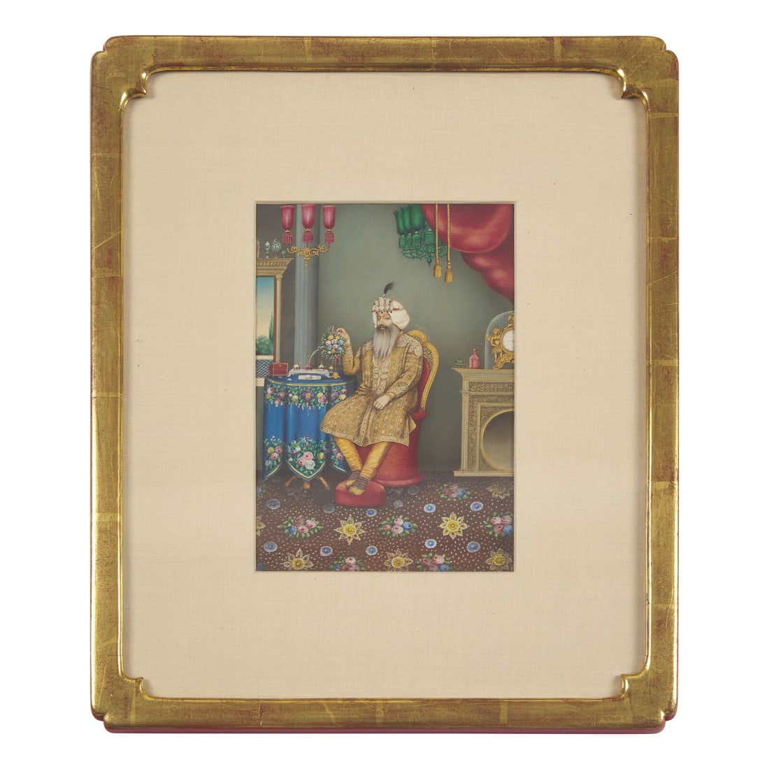 Indian School, 19th Century, Portrait of a Nobleman: Indian School, 19th Century, Portrait of a Nobleman Opaque watercolor on paper, laid on card, The bearded, bejeweled figure in an embroidered gold coat, seated in a western-style interior, verso inscr