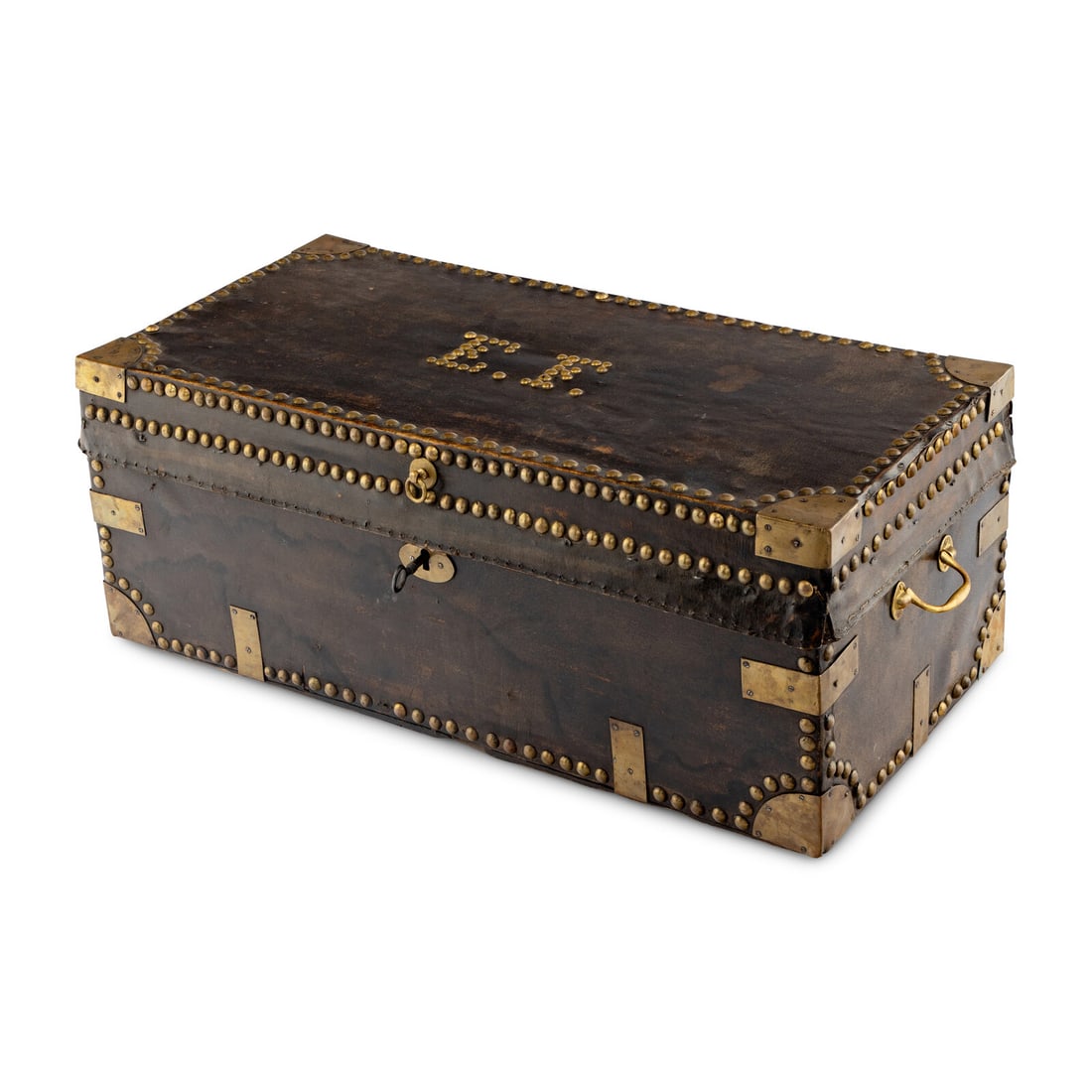 A China Trade Leather-Clad Camphor Wood Trunk: A China Trade Leather-Clad Camphor Wood Trunk Second Quarter 19th Century the lid with nailheads depicting initials E.F. Height 10 1/2 x width 25 1.2 x depth 12 3/4 inches. Property from the Collectio