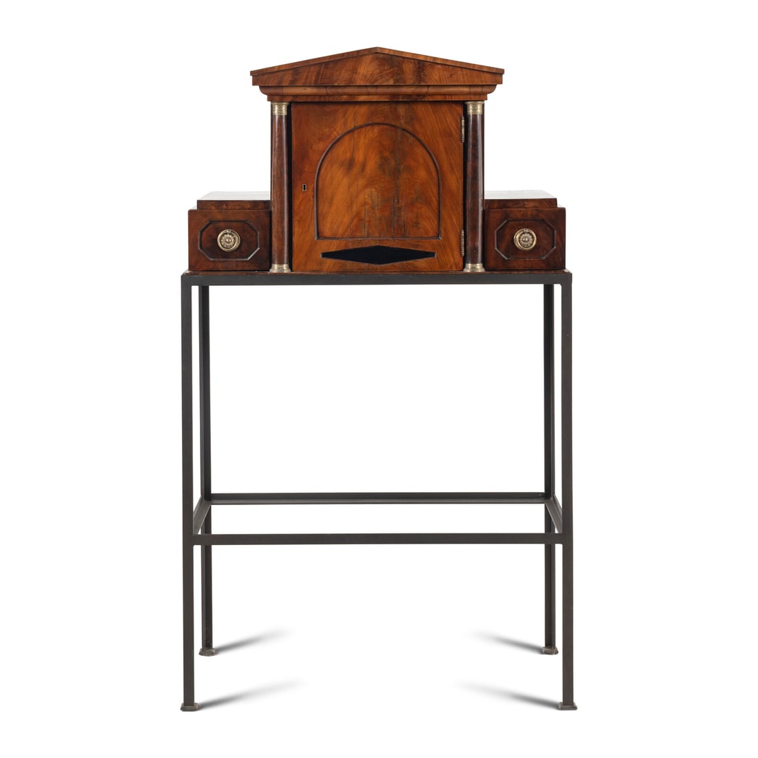 An Austrian Neoclassical Bureau Pediment on a Steel Stand: An Austrian Neoclassical Bureau Pediment on a Steel Stand Circa 1830, Stand Modern Pediment height 22 x width 35 x depth 16 inches. Stand height 40 inches. Property from the Collection of Patricia and