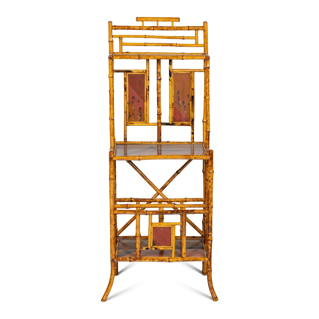 An English Bamboo and Lacquer Etagere: An English Bamboo and Lacquer Etagere Late 19th Century Height 53 x width 20 x depth 13 inches. Property from the Collection of Patricia and Michael Corbett, Kenilworth, Illinois This lot is located i