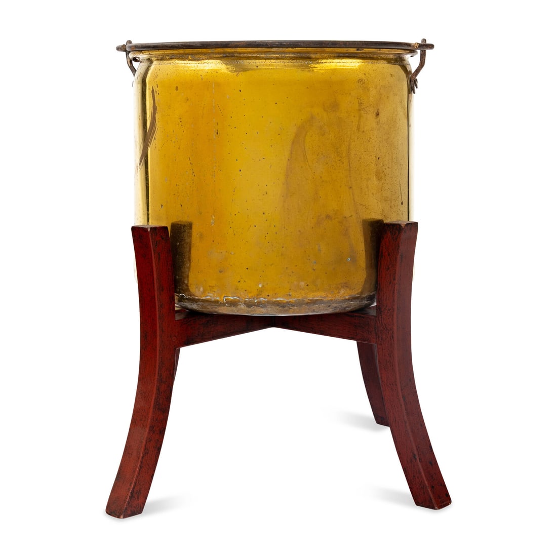 A Large Brass Pail-Form Jardiniere and Stand: A Large Brass Pail-Form Jardiniere and Stand 19th Century Height 12 x diameter 14 inches (not including stand). Property from the Collection of Patricia and Michael Corbett, Kenilworth, Illinois This 