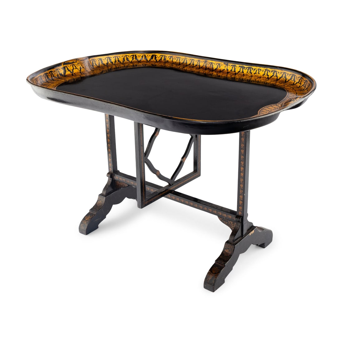 An English Papier-M‚chÈ Tray on Stand: An English Papier-M‚chÈ Tray on Stand Jennings and Betteridge, Mid 19th Century Height 29 x width 30 inches. Property from the Collection of Patricia and Michael Corbett, Kenilworth, Illino