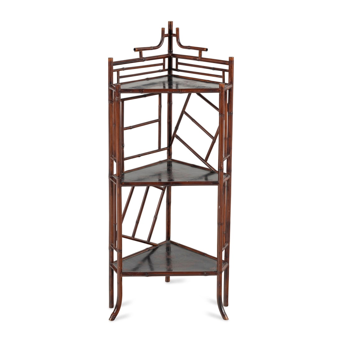 An English Faux Bamboo and Lacquer Etagere: An English Faux Bamboo and Lacquer Etagere 19th Century Height 46 inches. Property from the Collection of Patricia and Michael Corbett, Kenilworth, Illinois This lot is located in Chicago. Provenance 