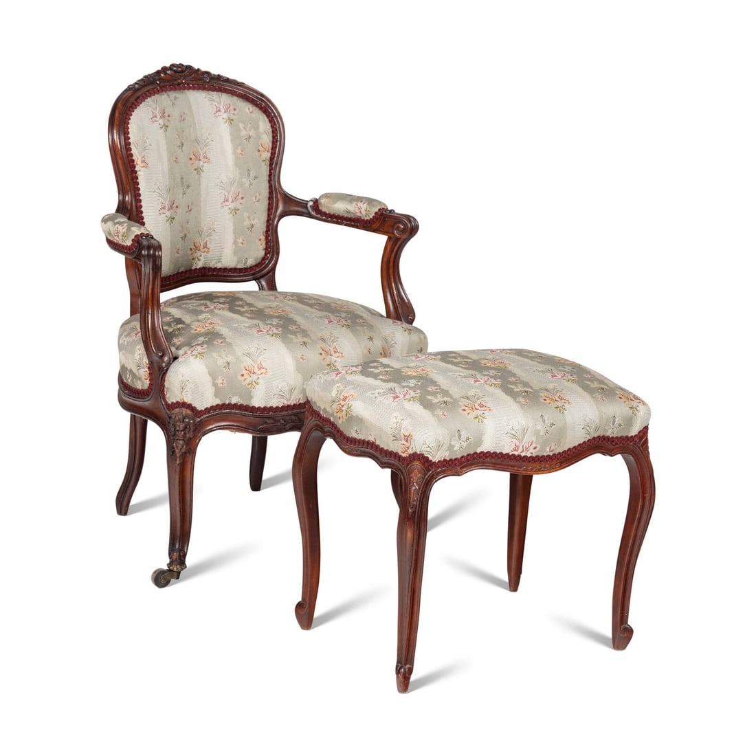 A Louis XV Style Fauteuil and Matching Tabouret: A Louis XV Style Fauteuil and Matching Tabouret Mid 19th Century fauteuil height 33 1/2 x width 24 x depth 29 inches. Tabouret height 17 1/2 x width 19 1/2 x depth 14 1/2 inches. Property from the Col