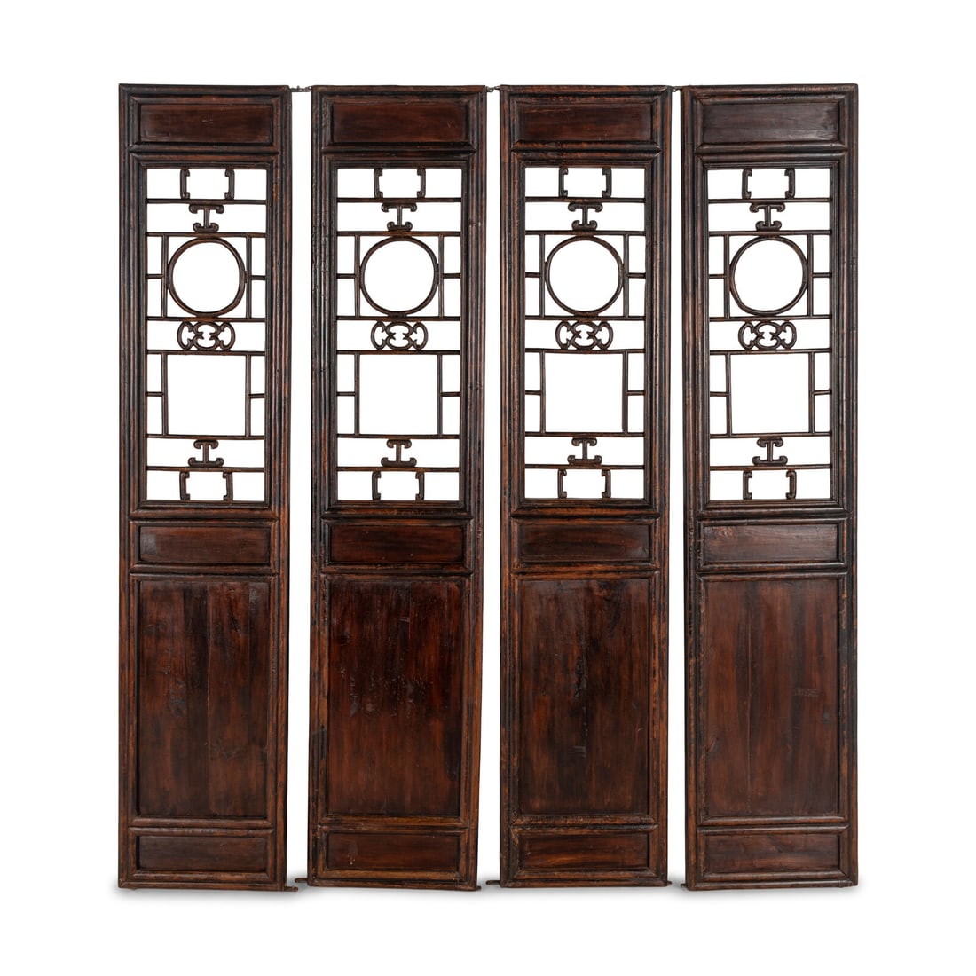 A Chinese Hardwood Four-Panel Floor Screen: A Chinese Hardwood Four-Panel Floor Screen 19th Century Height of each panel 83 1/2 x width 17 3/4 inches. Property from the Collection of Patricia and Michael Corbett, Kenilworth, Illinois This lot i