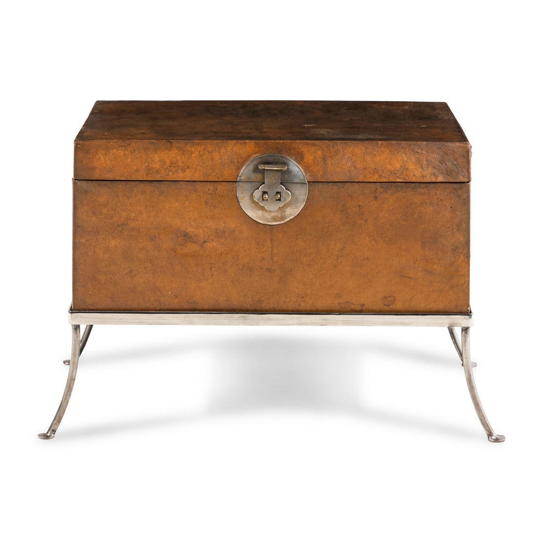 A Chinese Leather-Clad Trunk on Stand: A Chinese Leather-Clad Trunk on Stand the stand later. Height 22 1/2 x width 30 x depth 19 1/2 inches. Property from the Collection of Patricia and Michael Corbett, Kenilworth, Illinois This lot is lo