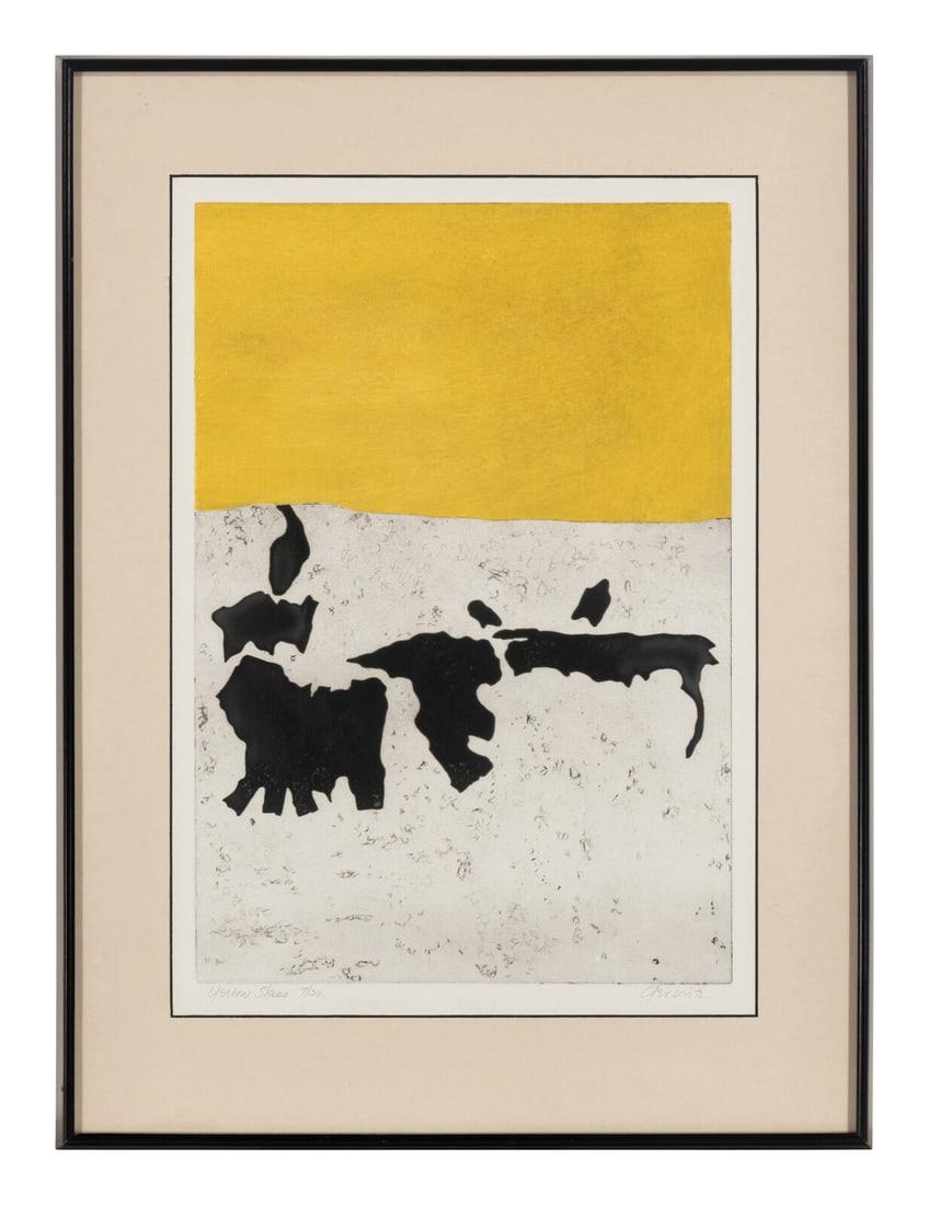 Sarah ValÈrie Gersovitz (Canadian, 1920-2007) Yellow Skies, c. 1968: Sarah ValÈrie Gersovitz (Canadian, 1920-2007) Yellow Skies, c. 1968 etching signed, titled, and numbered 7/30 in pencil 20 x 13 7/8 inches. Property from the Collection of Norman R. Thal, Jr. Tru
