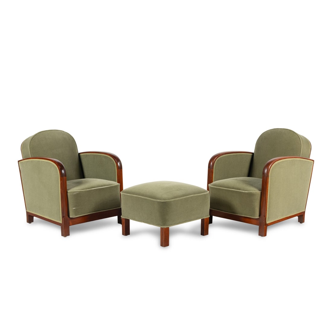 A Pair of Art Deco Armchairs and Stool: A Pair of Art Deco Armchairs and Stool Chair height 31 x width 25 1/2 x depth 32 inches. Ottoman height 15 1/2 x width 21 x depth 21 inches. Property from a Philadelphia Main Line Collection. This lot