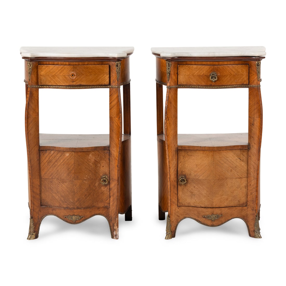 A Pair of Louis XV Style Marble-Top Side Cabinets: A Pair of Louis XV Style Marble-Top Side Cabinets Late 19th/Early 20th Century Height 34 x width 17 1/2 x depth 13 3/4 inches. Property of a California Collector This lot is located in Chicago.