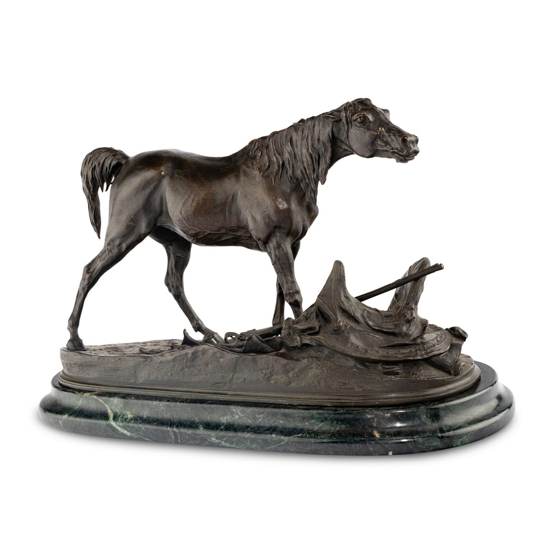 Pierre-Jules Mene (French, 1810-1879) Arab Mare with Saddle and Rifle: Pierre-Jules Mene (French, 1810-1879) Arab Mare with Saddle and Rifle bronze, later marble base Height 10 3/4 x length 18 inches. Property of a California Collector This lot is located in Chicago. Pro
