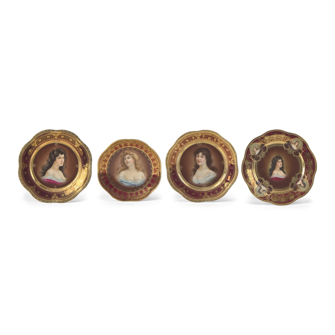 Four Vienna Style Porcelain Cabinet Plates: Four Vienna Style Porcelain Cabinet Plates Zeh and Scherzer (founded 1880), Rehau, Germany (then Bavaria), Circa 1880-1918 each depicting a portrait of a lady: "Amorosa", "Felicitaz", and "Amicitia", 