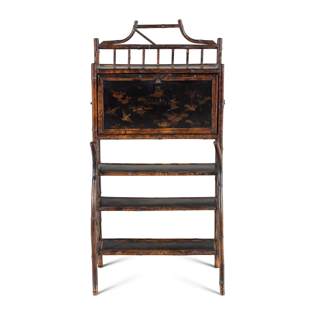An English Bamboo and Lacquer Bureau Etagere: An English Bamboo and Lacquer Bureau Etagere Retailed by Dickins and Jones, London, 19th Century bearing a metal label for 'Dickins & Jones/ Regent Street/ London' to back' Height 55 1/2 x width 2
