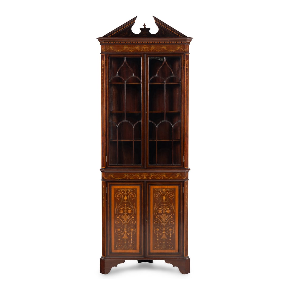 An Edwardian Fruitwood-Inlaid Mahogany Corner Cupboard (1 of 3)