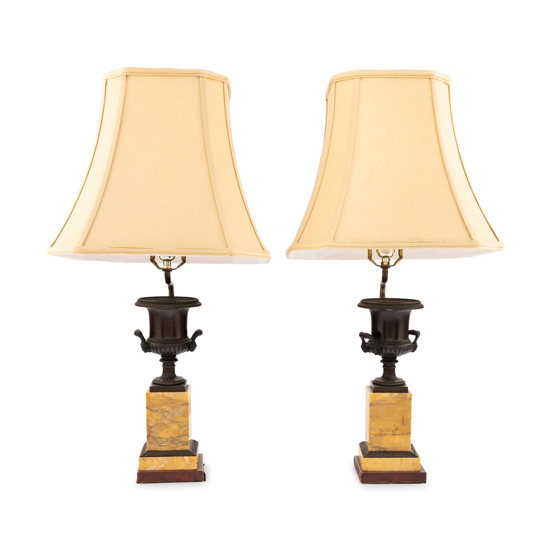A Pair of Neoclassical Style Bronze and Sienna Marble Urns: A Pair of Neoclassical Style Bronze and Sienna Marble Urns Late 19th Century now turned into table lamps. Height 12 1/8 inches. Property of a California Collector This lot is located in Chicago. Prove