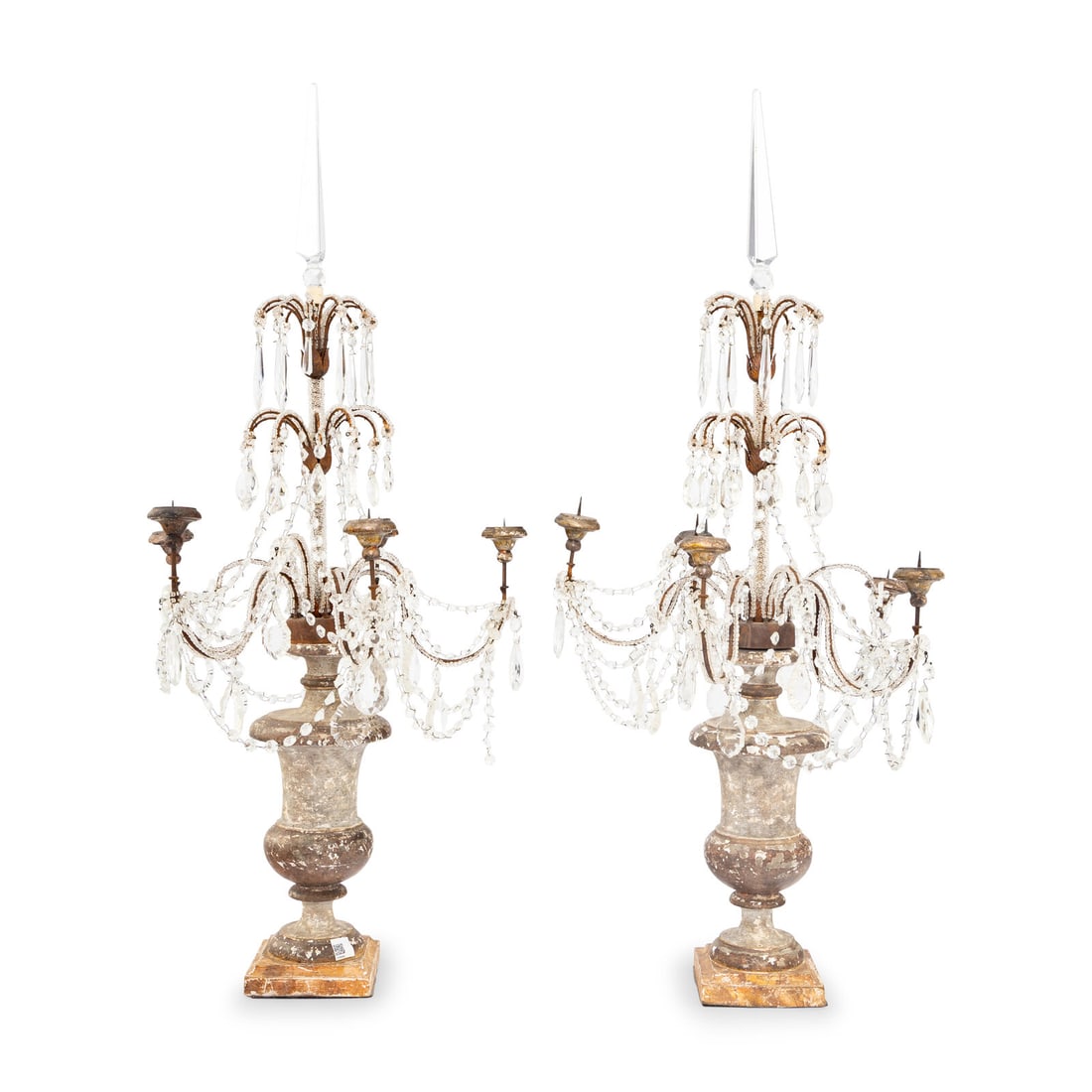 A Pair of Neoclassical Style Painted Wood and Cut-Glass Five-Light Candelabra (1 of 2)