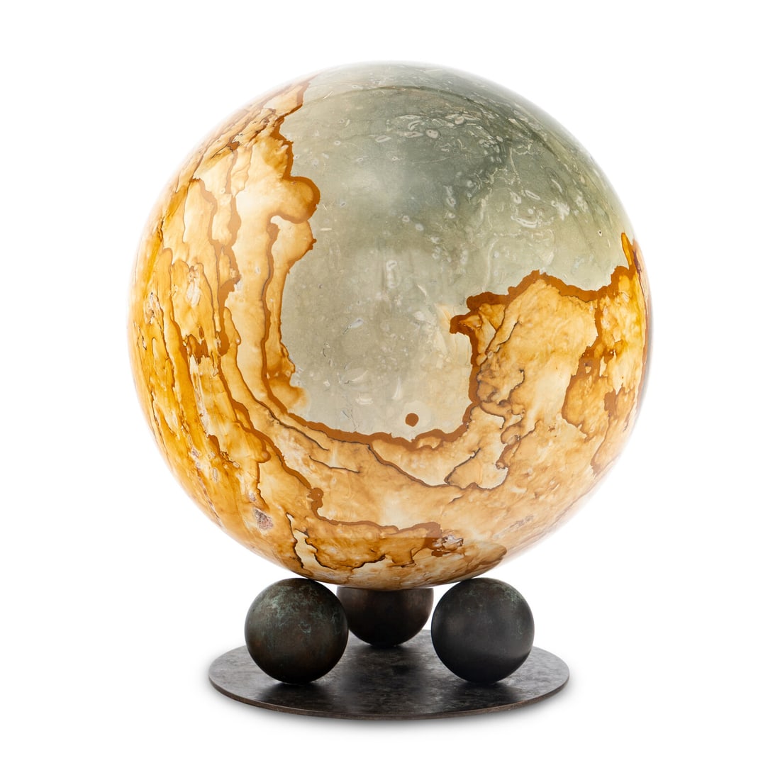 A Petrified Wood Spherical Ornament: A Petrified Wood Spherical Ornament includes a bronze base. Circumference 32 inches. Property from a Private Collection This lot is located in Chicago.