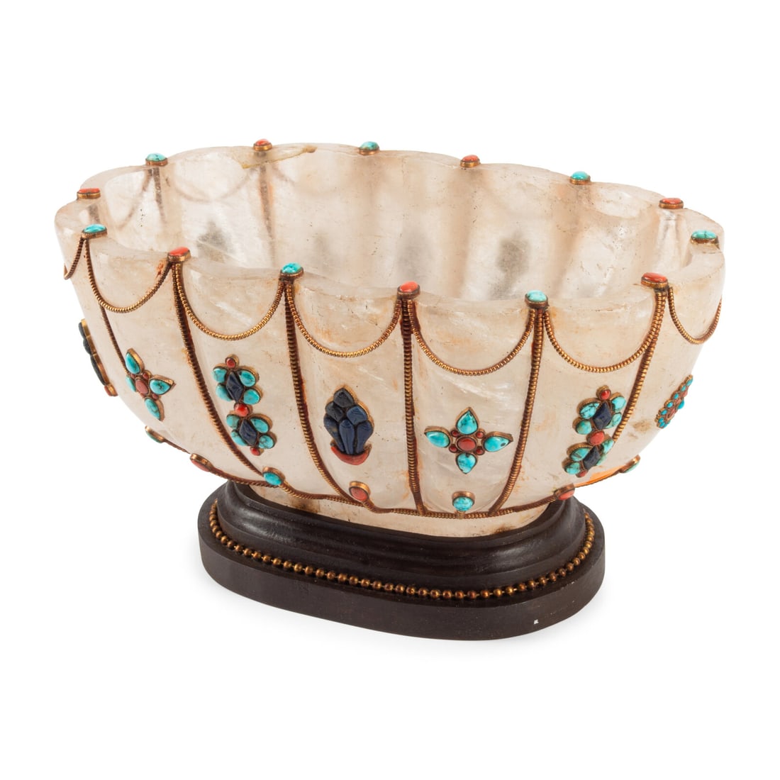 A Large Fluted Rock Crystal and Jewel-Mounted Bowl: A Large Fluted Rock Crystal and Jewel-Mounted Bowl on a wood base. Height 6 x width 11 x depth 7 inches. This lot is located in Chicago.