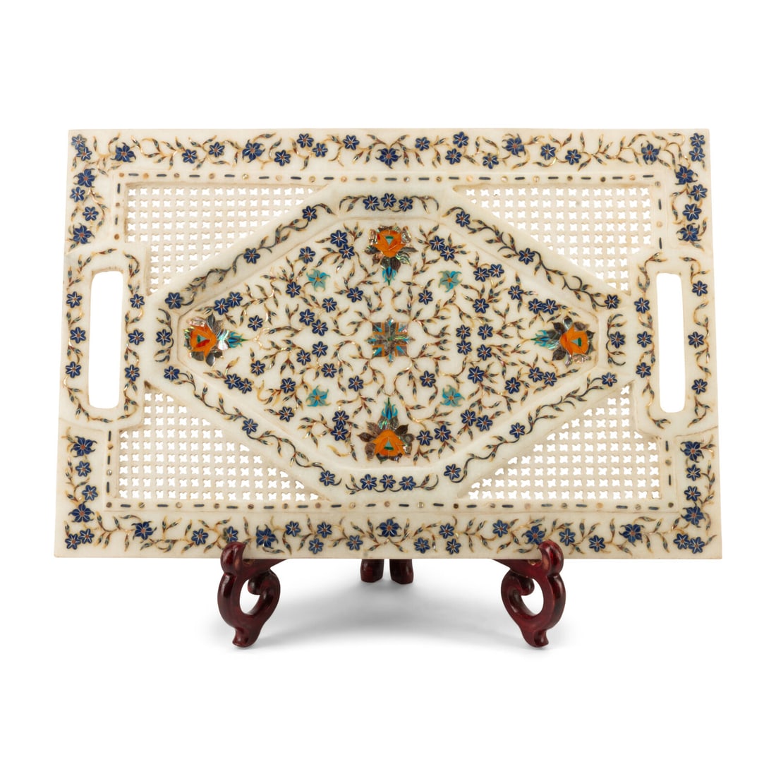 An Indian Carved Marble and Semiprecious Stone Inlaid Tray (1 of 1)