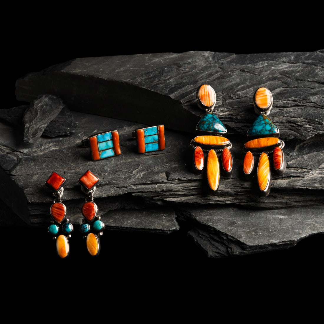 Assortment of Colorful Southwestern-style, Navajo, and Zuni Jewelry: Assortment of Colorful Southwestern-style, Navajo, and Zuni Jewelry second half 20th century lot of 3, includes: a larger pair of Southwestern-style post earrings set with turquoise and spiny oyster; 