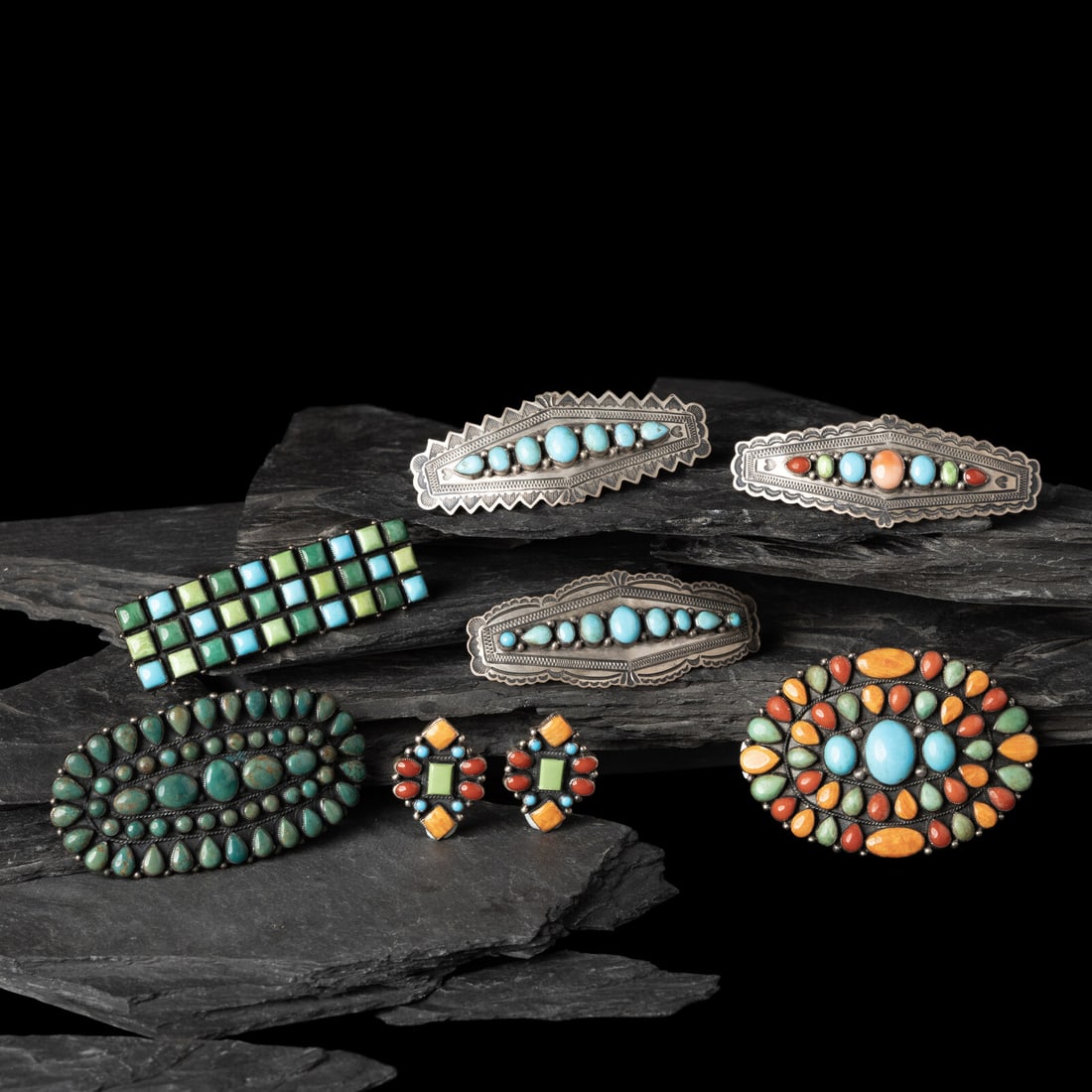 Don Lucas (American, 20th century) Southwestern-style Sterling Silver and Cluster Inlay Hair: Don Lucas (American, 20th century) Southwestern-style Sterling Silver and Cluster Inlay Hair Barrettes and Post Earrings lot of 6, all marked STERLING and signed on back, includes: a matching pair of