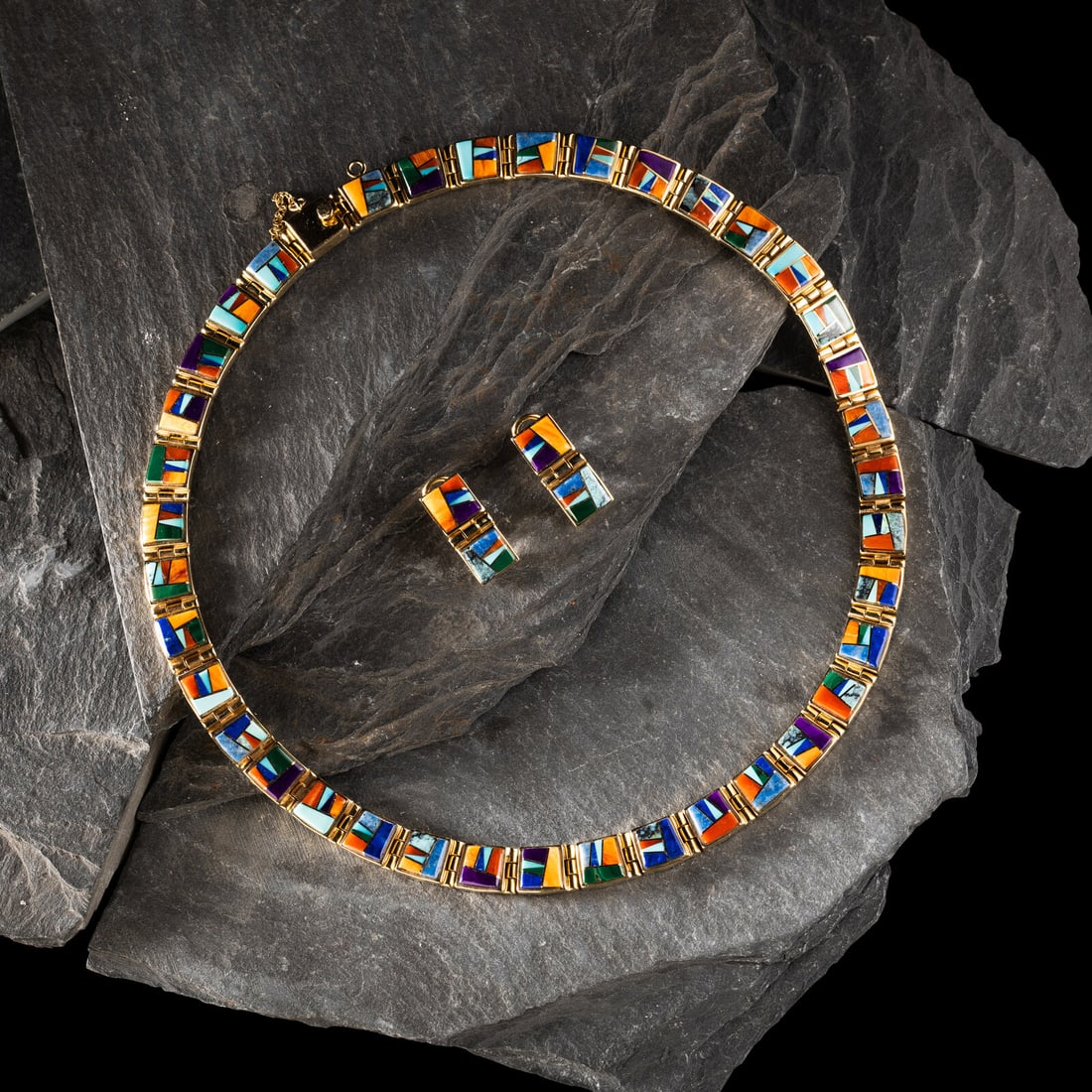 Touch of Santa Fe (Shop, 20th/21st Century) Matching 14K Gold and Mosaic Inlay Necklace and Clip: Touch of Santa Fe (Shop, 20th/21st Century) Matching 14K Gold and Mosaic Inlay Necklace and Clip Earrings lot of 2, each set with coral, spiny oyster, turquoise, lapis, malachite, opal, and sodalite,