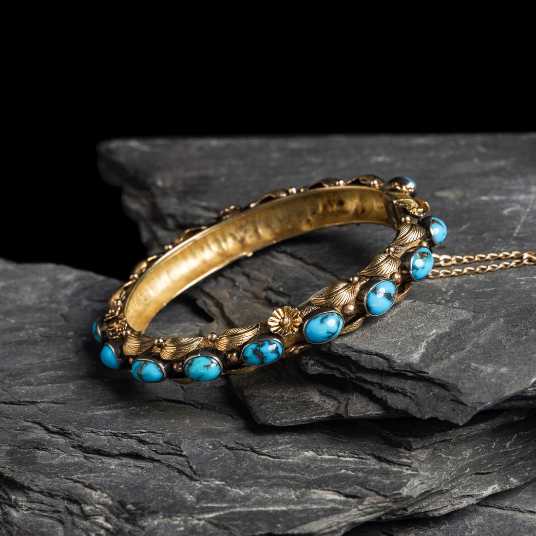 The Navajo Hogan, Carl Luthey (Shop, act. 1960-1980) 14K Gold and Persian Turquoise Bangle Bracelet (1 of 2)
