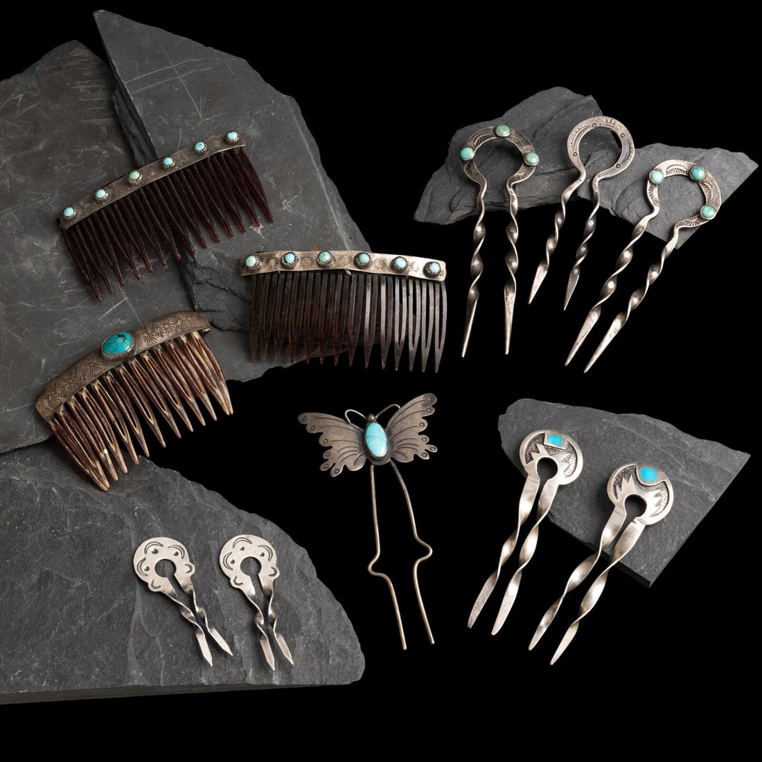 Navajo Silver Hair Accessories: Navajo Silver Hair Accessories first half 20th century lot of 11, includes: a pair of matching combs, each set with six turquoise stones; not marked length 1-5/8 inches x width 3 inches (each)