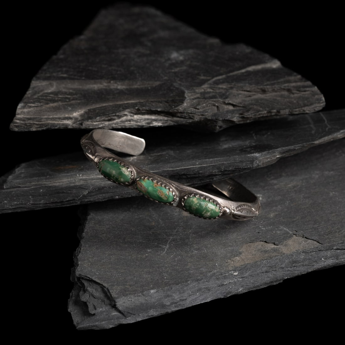 Navajo Stamped and Carinated Ingot Cuff Bracelet with Cerrillos Turquoise (1 of 2)