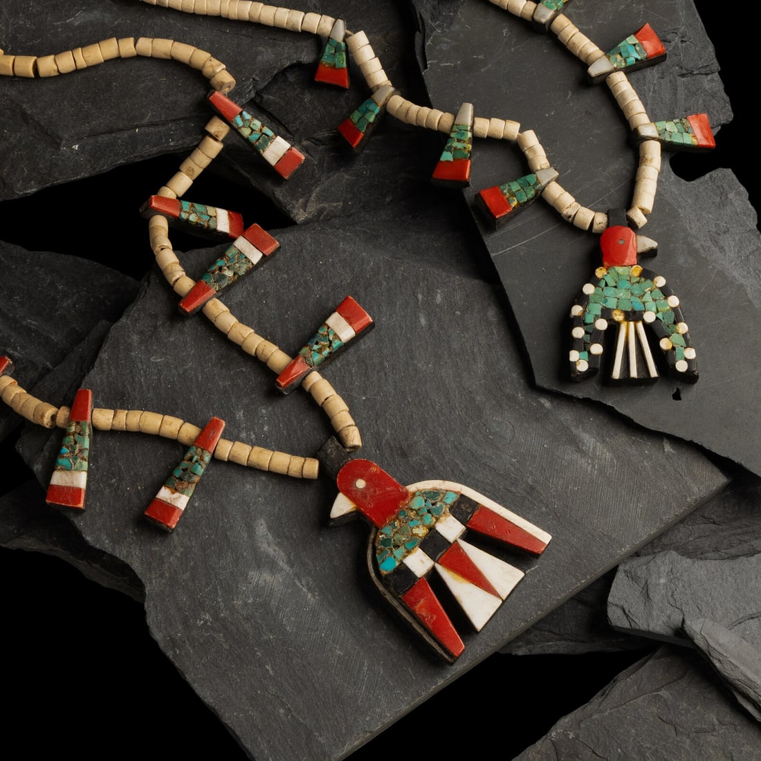 Kewa Depression Era Thunderbird Necklaces: Kewa Depression Era Thunderbird Necklaces second quarter 20th century lot of 2, neither are marked, sizes include: necklace length 24 inches pendant length 2-1/2 inches x width 1-1/2 inches weight 40.