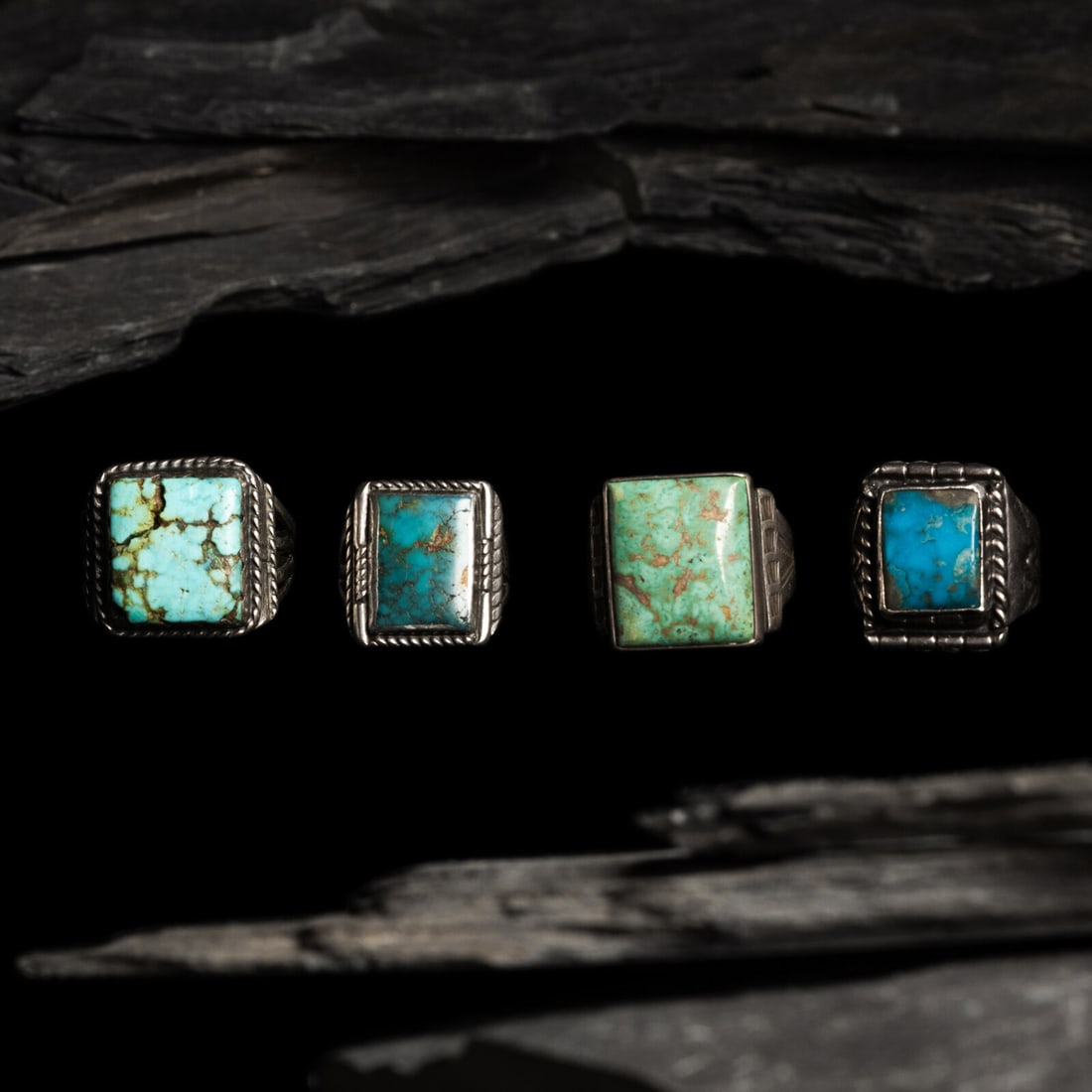 Navajo Silver and Turquoise Cuff Bracelets: Navajo Silver and Turquoise Cuff Bracelets first half 20th century lot of 4, none are marked, includes: a men's split shank example size 14.25 weight 7.7 dwt. a men's example with stamped shank size 1
