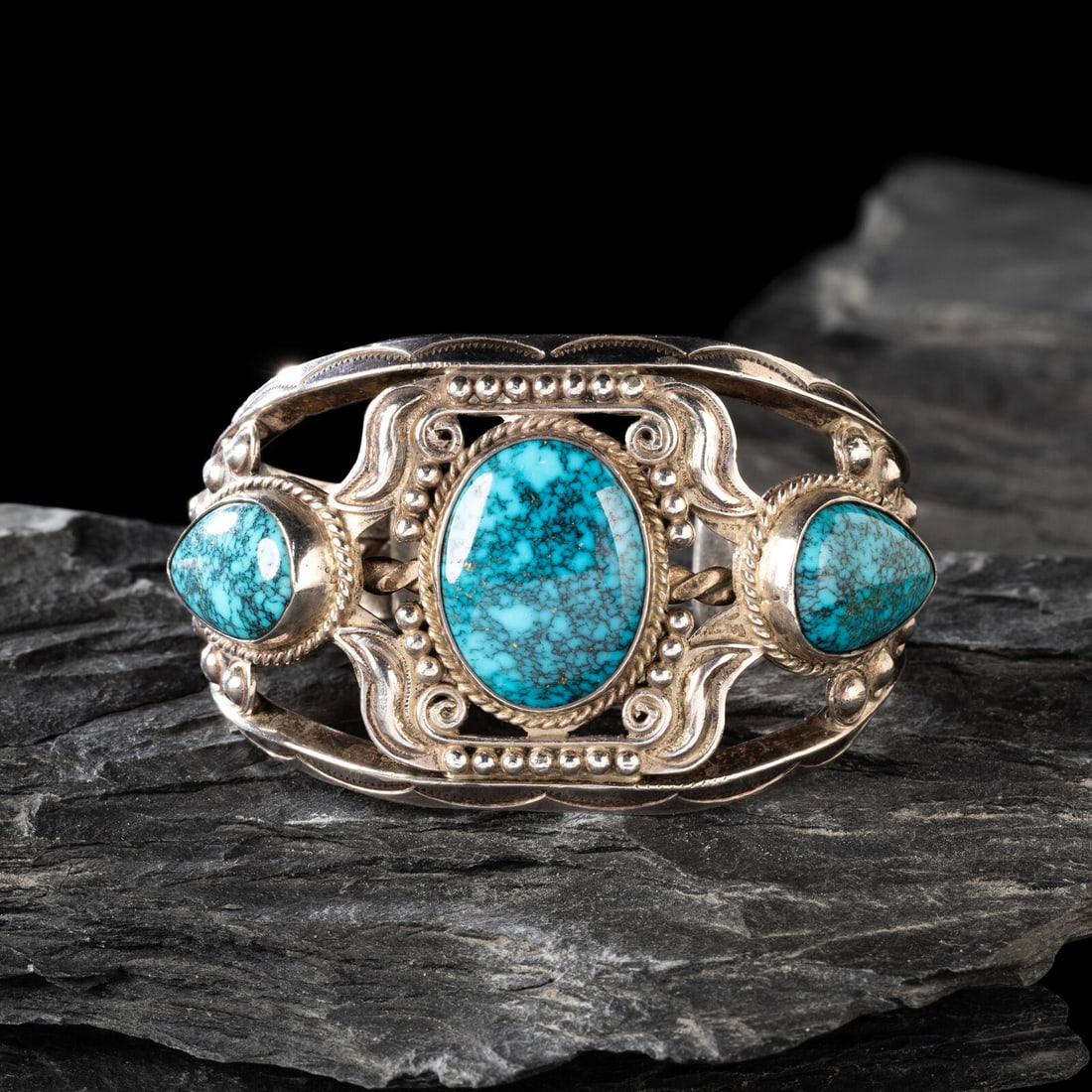 Fred Peshlakai (DinÈ, 1896-1975) Silver and Lone Mountain Turquoise Cuff Bracelet (1 of 4)