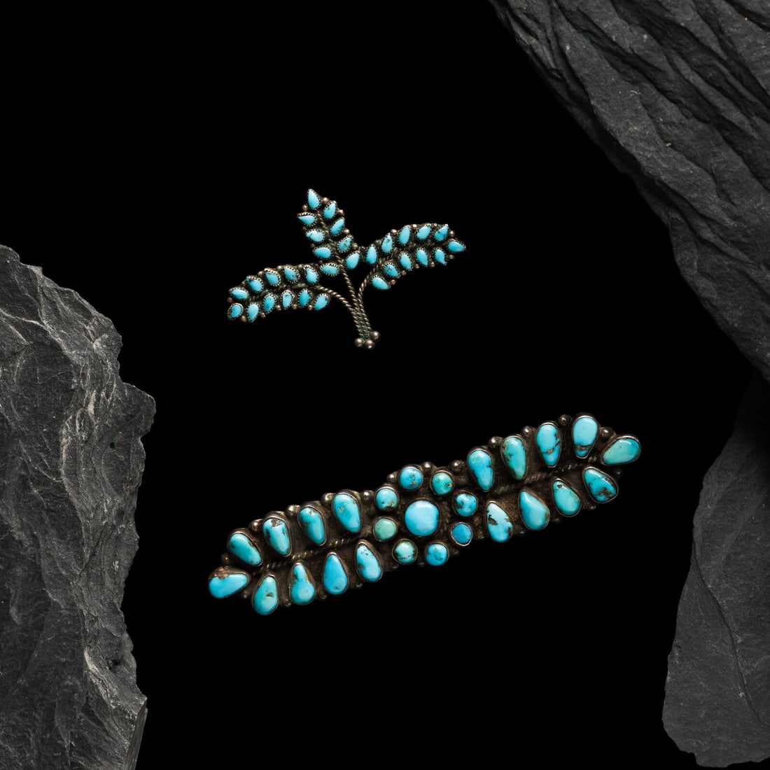 Zuni or Navajo Silver and Petit Point Turquoise Pins / Brooches: Zuni or Navajo Silver and Petit Point Turquoise Pins / Brooches mid-20th century lot of 2, neither are marked, includes: an elongated example set with twenty-seven stones length 3-7/8 inches x width