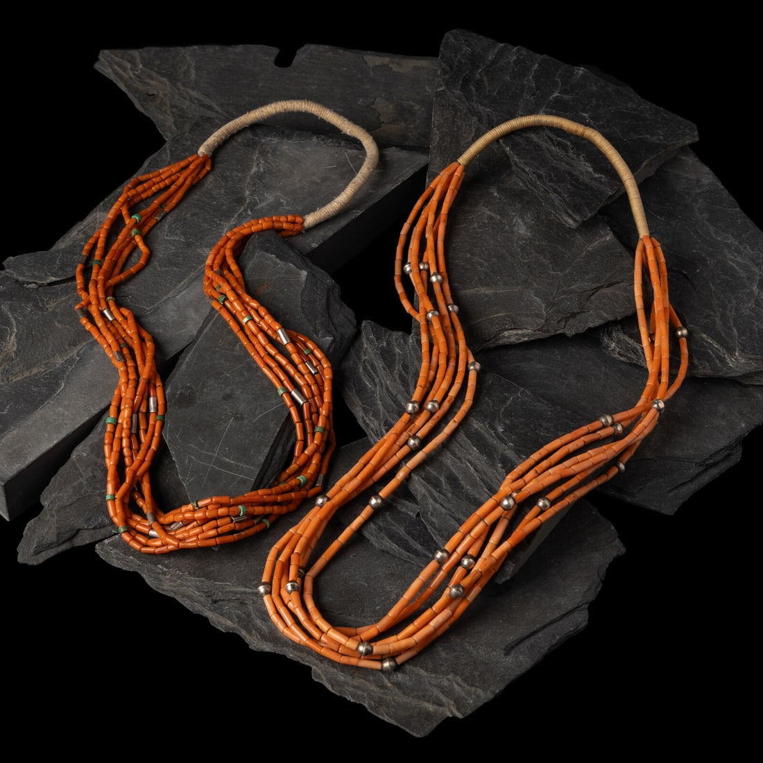 Pueblo Multi-strand Coal Necklaces: Pueblo Multi-strand Coal Necklaces mid - third quarter 20th century lot of 2, neither are marked, includes: a six-strand necklace accented with silver beads length 25 inches drop length 13-1/2 inches