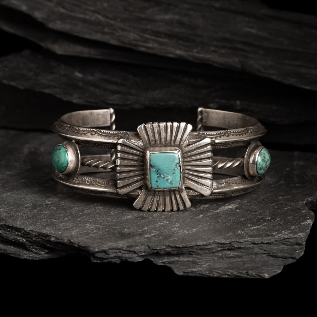 Navajo Silver and Turquoise Cuff Bracelet with Maltese Cross (1 of 3)