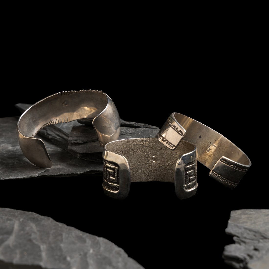 Navajo Silver Cuff Bracelets with Inlay - 2